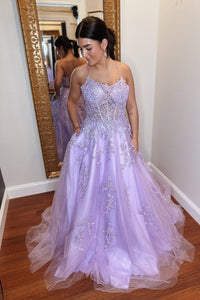 Lilac Lace-Up Back Scoop Neck Boning Appliques Tulle Long Prom Dress