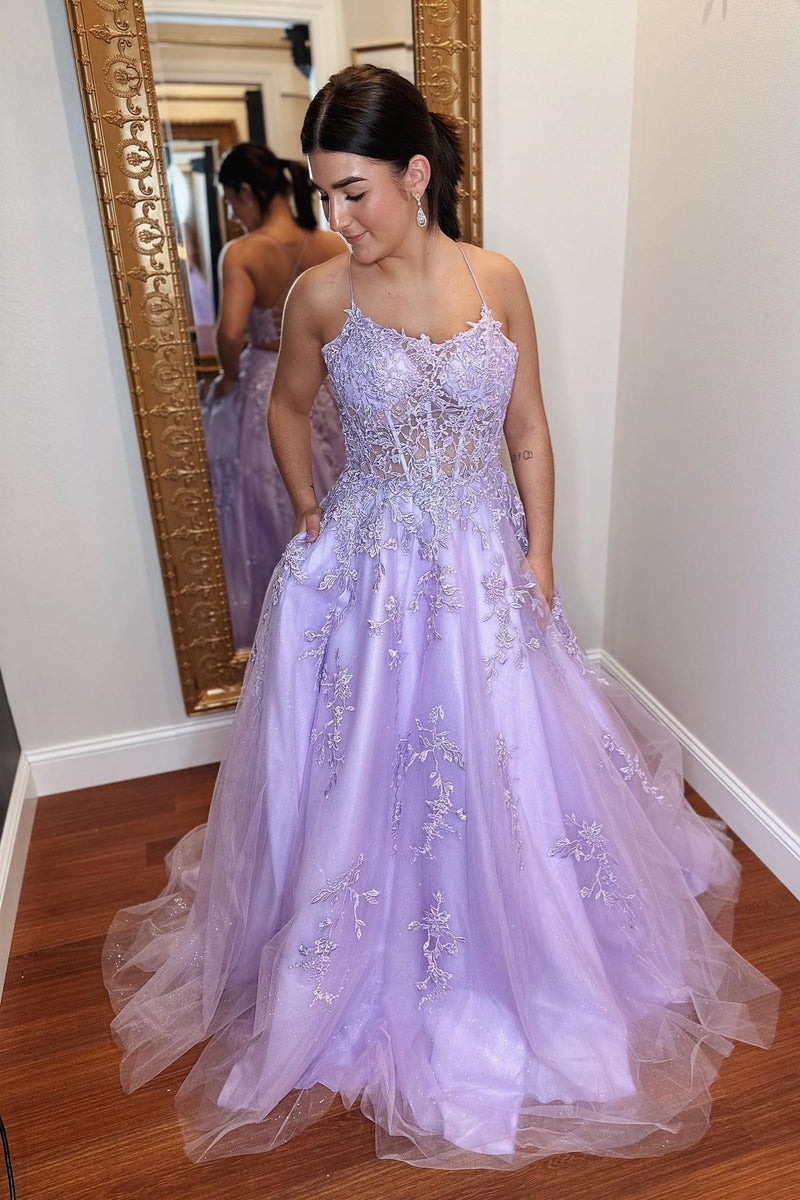 Lilac Lace-Up Back Scoop Neck Boning Appliques Tulle Long Prom Dress