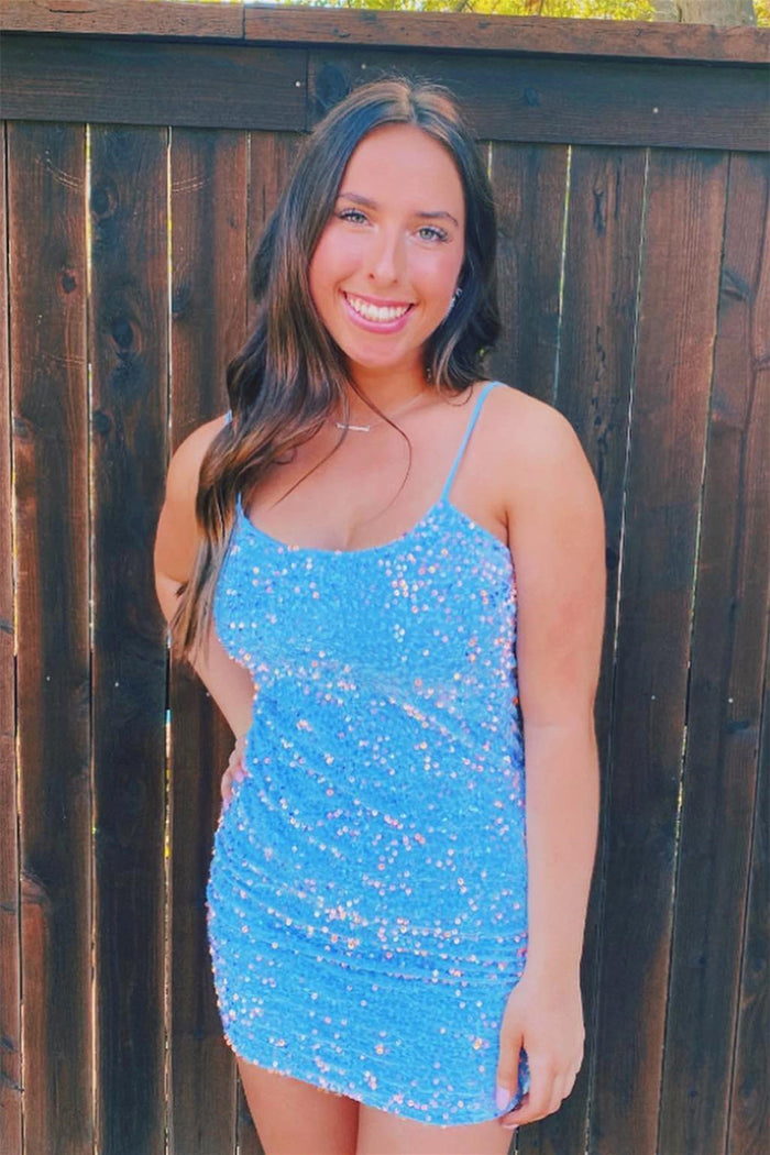Blue Sheath Sequins Lace-Up Mini Homecoming Dress 