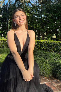 Black A-line Deep V Neck Cross Back Tulle Multi-Layers Long Prom Dress