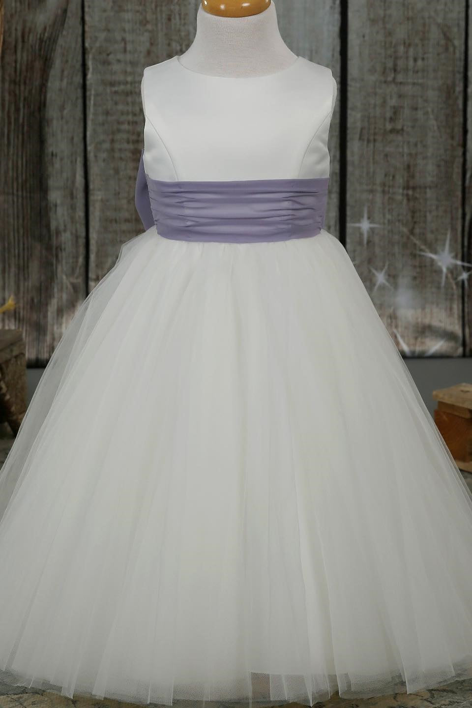 White Jewel Sleeves Buttons Long Flower Girl Dress with Purple Bow Sash