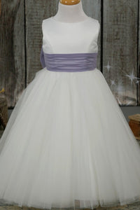 White Jewel Sleeves Buttons Long Flower Girl Dress with Purple Bow Sash