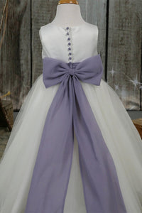 White Jewel Sleeves Buttons Long Flower Girl Dress with Purple Bow Sash