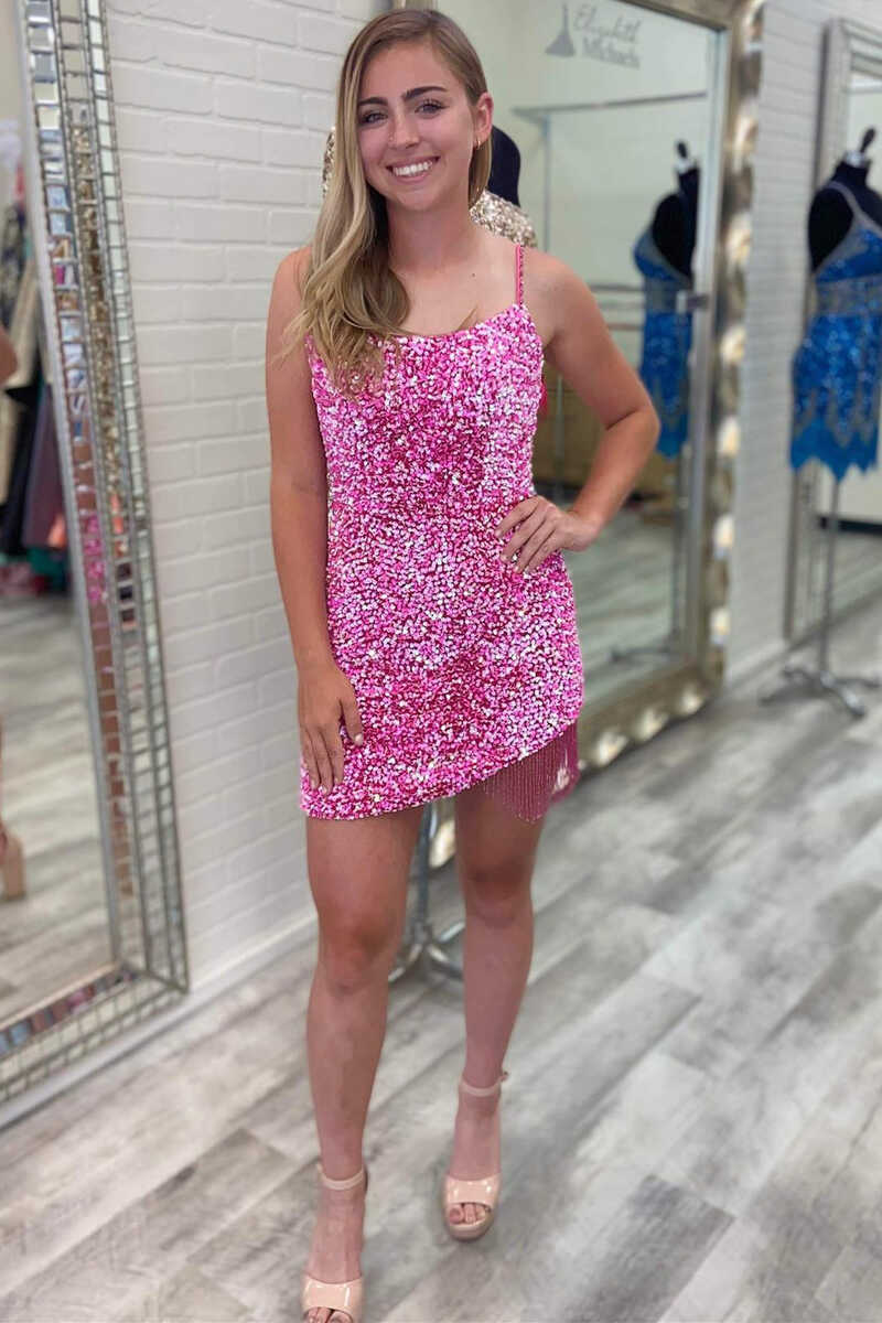 Fringe Sequin Lace-Up Mini Homecoming Dress