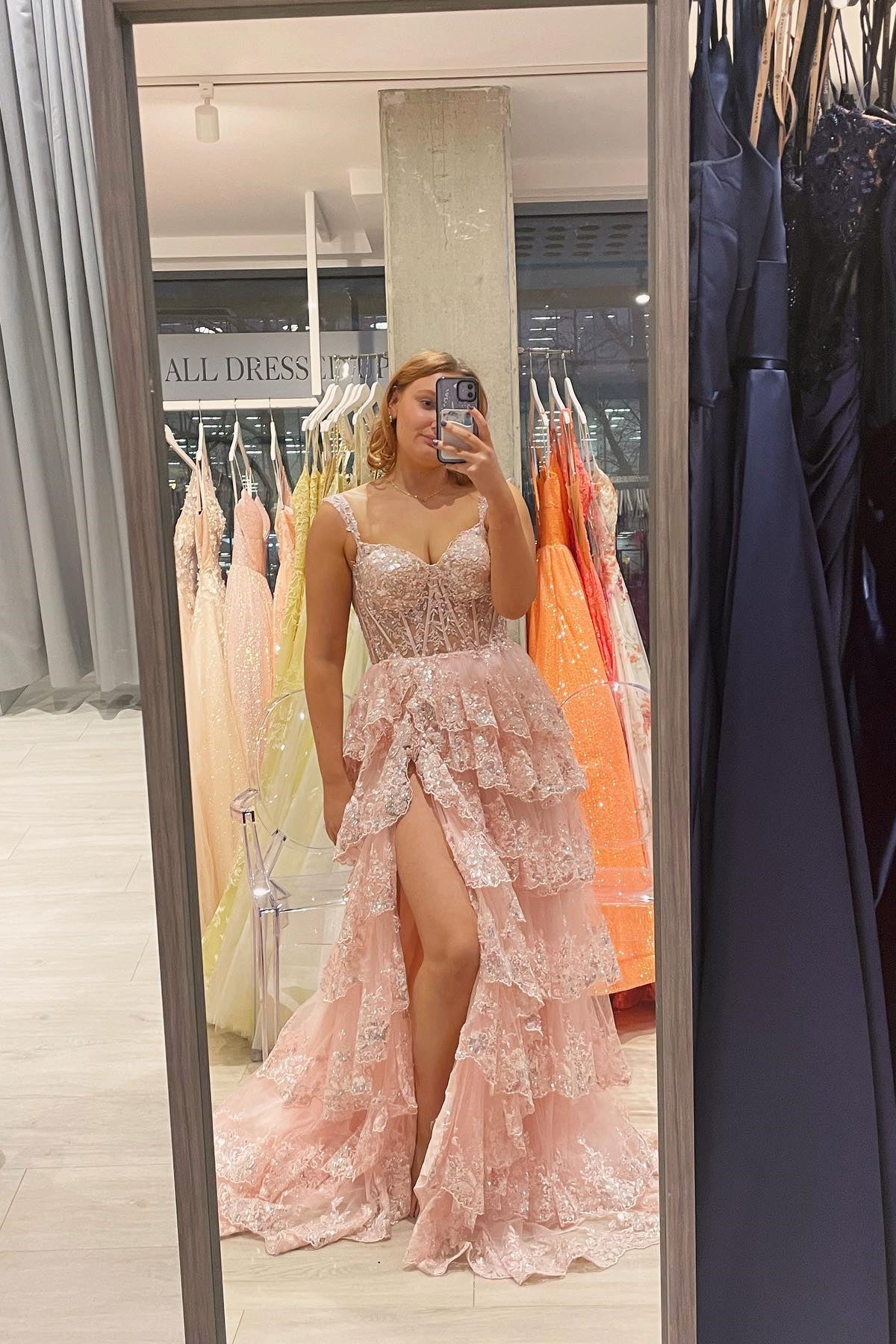 Light Blue Lace Sweetheart Tiered Long Prom Dress with Slit