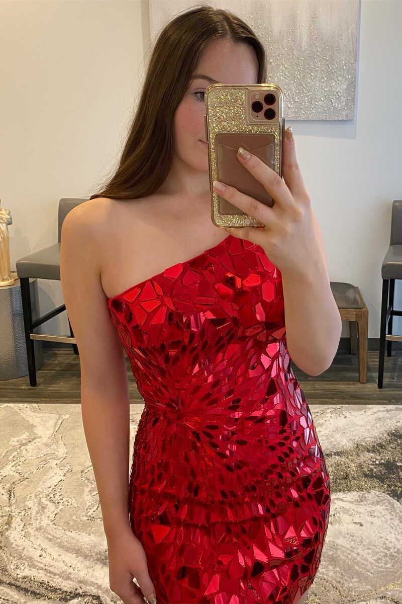 One-Shoulder Red Cut Glass Mirror Fitted Mini Homecoming Dress