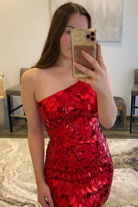 One-Shoulder Red Cut Glass Mirror Fitted Mini Homecoming Dress