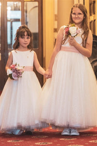 White Jewel Sleeves Buttons Long Flower Girl Dress with Purple Bow Sash