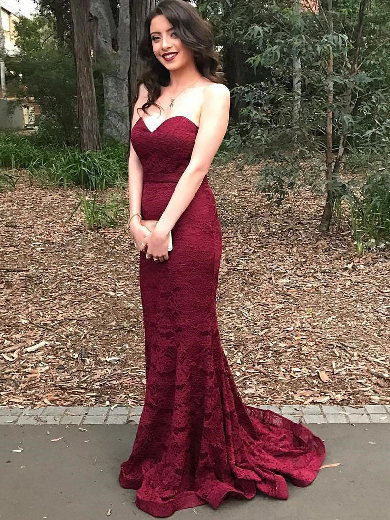 Strapless Mermaid Long Burgundy Lace Bridesmaid Dress