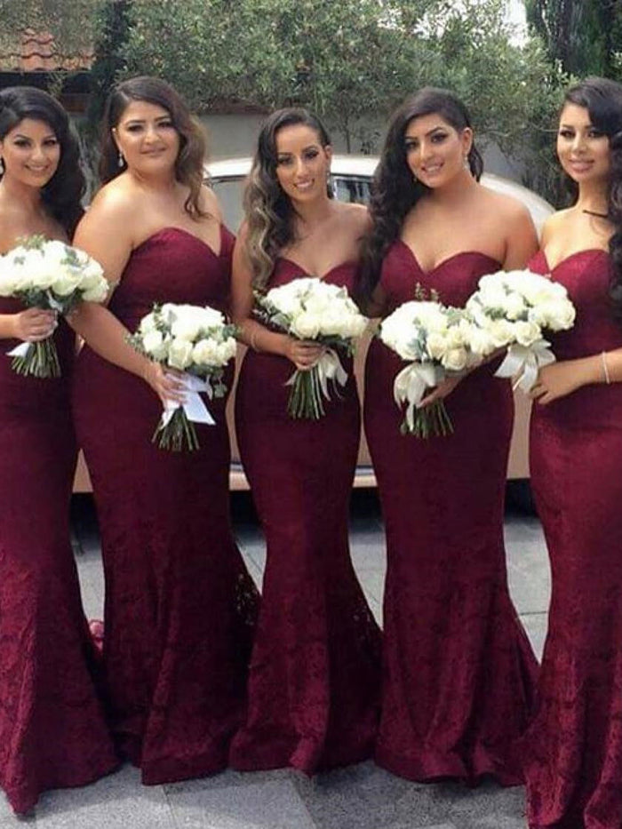Strapless Mermaid Long Burgundy Lace Bridesmaid Dress