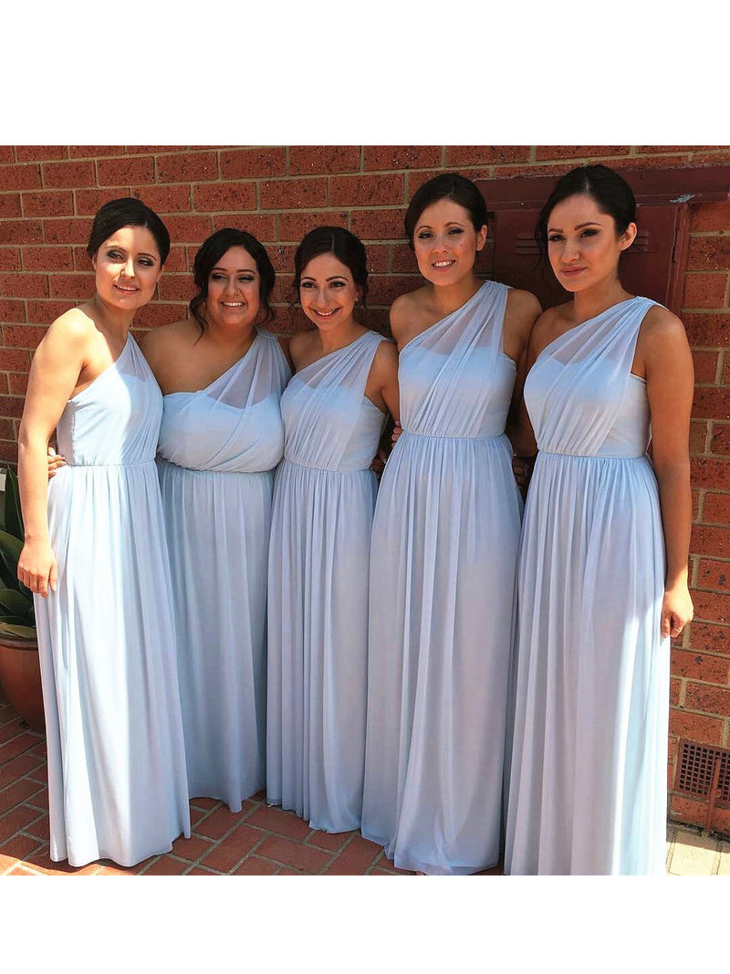 Elegant One Shoulder White Long Chiffon Bridesmaid Dress