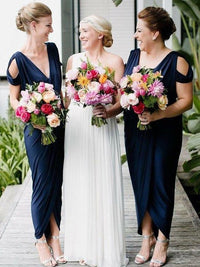 V Neck Navy Blue Tea Length Bridesmaid Dress