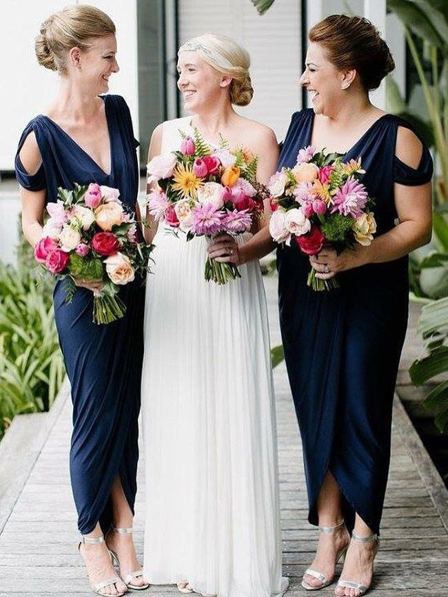 V Neck Navy Blue Tea Length Bridesmaid Dress
