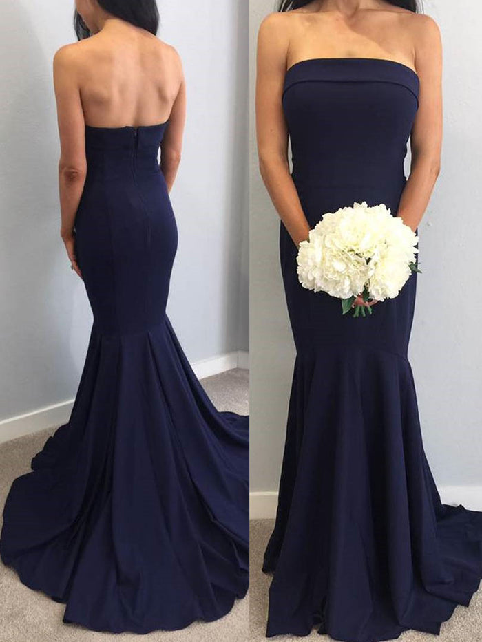 Strapless Mermaid Navy Blue Long Bridesmaid Dress