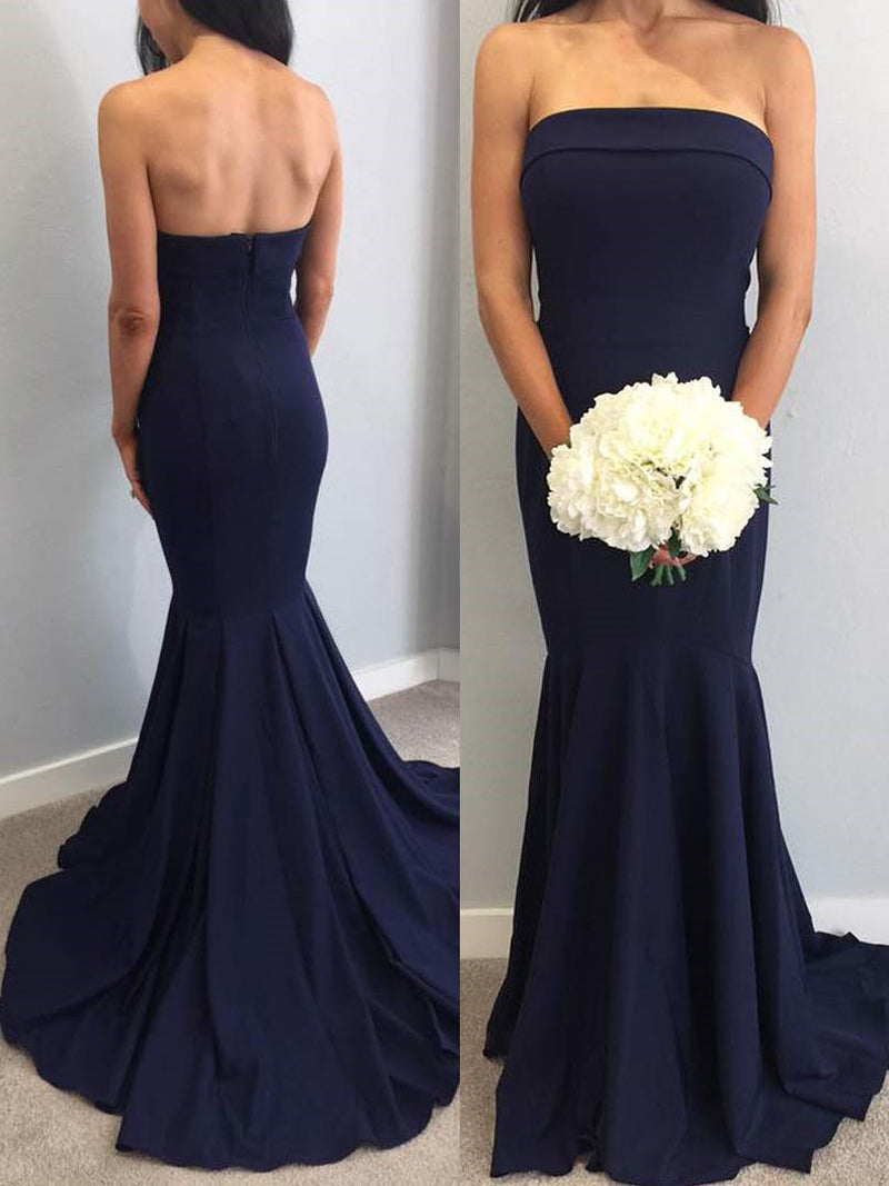 Strapless Mermaid Navy Blue Long Bridesmaid Dress