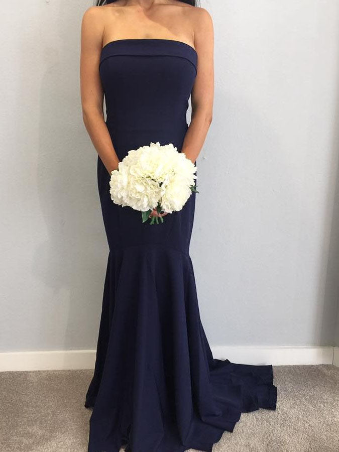 Strapless Mermaid Navy Blue Long Bridesmaid Dress
