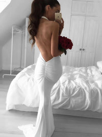 Elegant Halter Mermaid White Long Bridesmaid Dress with Train