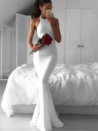 Elegant Halter Mermaid White Long Bridesmaid Dress with Train