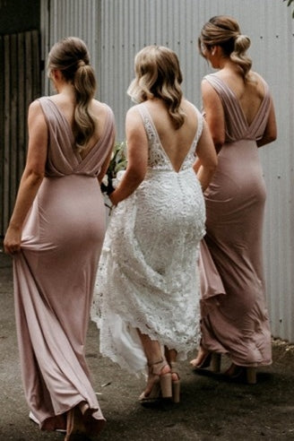 Gorgeous V Neck Fitted Blush Long Bridesmaid Dress