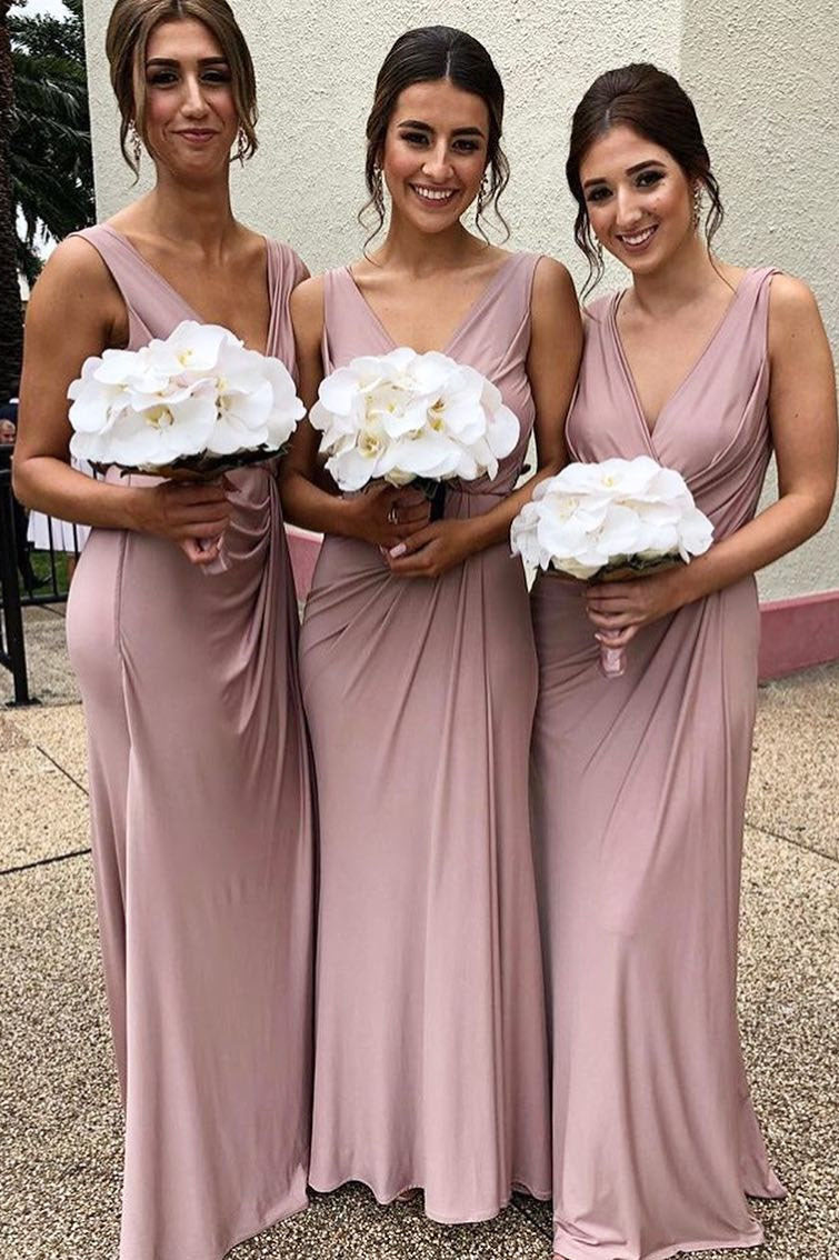 Gorgeous V Neck Fitted Blush Long Bridesmaid Dress