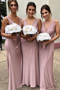 Gorgeous V Neck Fitted Blush Long Bridesmaid Dress