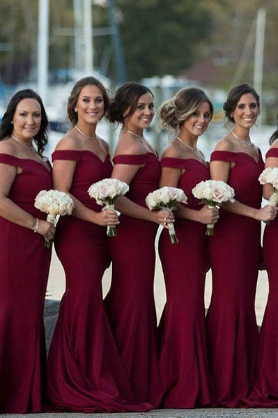 Gorgeous Off Shoulder Burgundy Mermaid Long Bridesmaid Dress