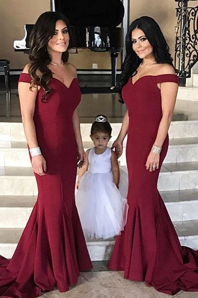 Gorgeous Off Shoulder Burgundy Mermaid Long Bridesmaid Dress