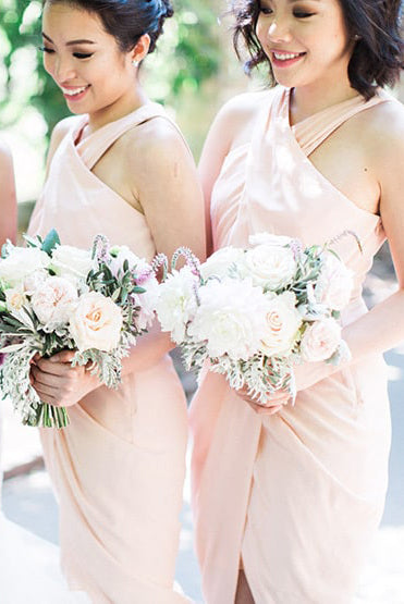 Cross Neck Mid-Calf Pink Chiffon Bridesmaid Dress