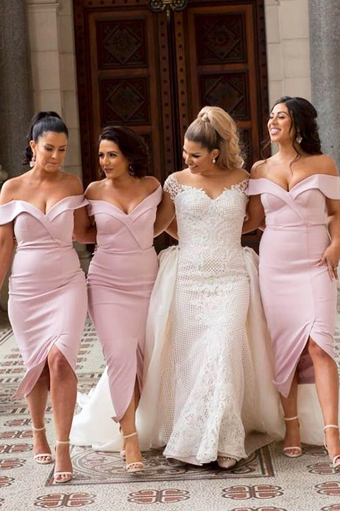 Elegant Off Shoulder Midi Pink Bridesmaid Dress