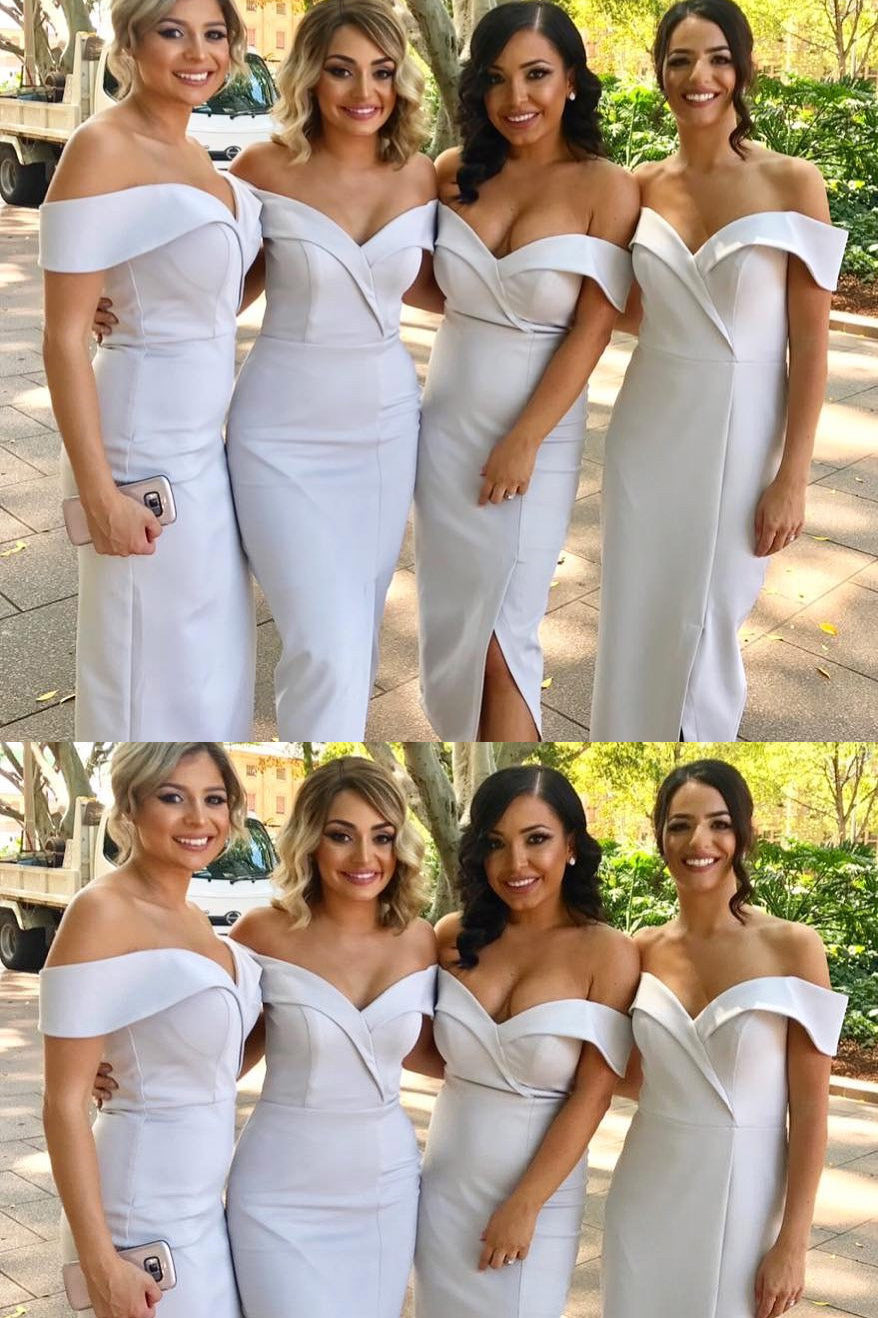 Elegant Off Shoulder Midi Pink Bridesmaid Dress