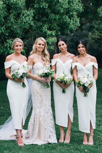 Elegant Off Shoulder Midi Pink Bridesmaid Dress