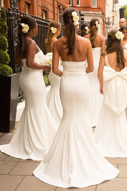 Gorgeous Strapless Mermaid Long White Bridesmaid Dress