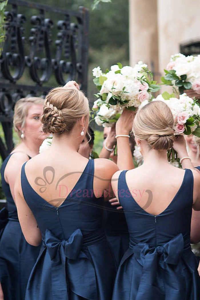 A-line V-Neck Navy Blue Long Bridesmaid Dress with Bow