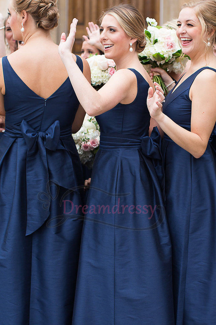A-line V-Neck Navy Blue Long Bridesmaid Dress with Bow