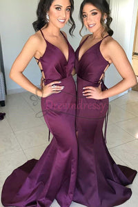 Gorgeous Straps V Neck Plum Mermaid Long Bridesmaid Dress