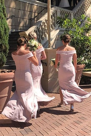 Elegant Off Shoulder Mermaid Long Bridesmaid Dress with Slit