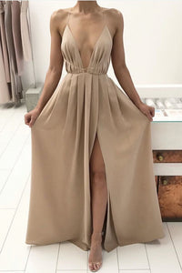 Plunging Neck Slit-Front Draped Long Prom Dress