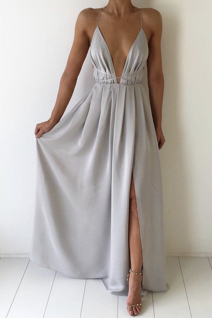 Plunging Neck Slit-Front Draped Long Prom Dress