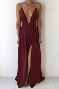 Plunging Neck Slit-Front Draped Long Prom Dress