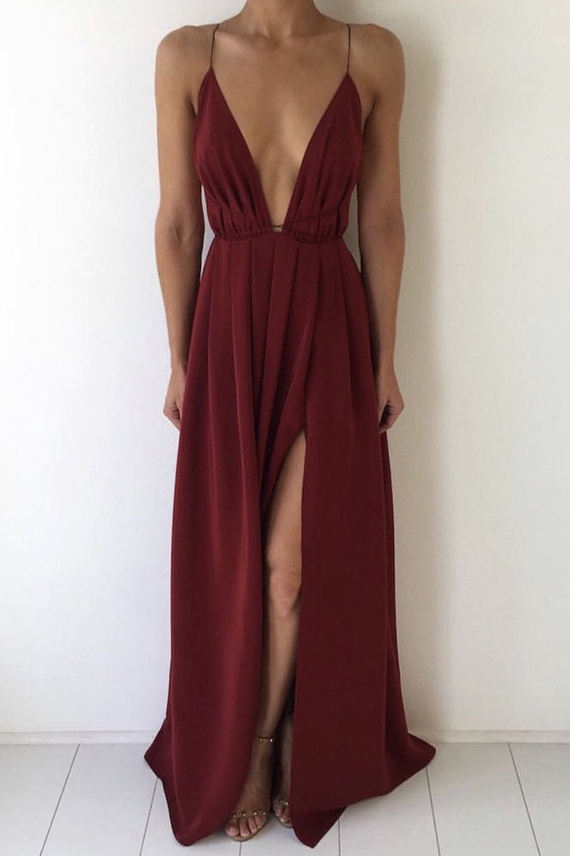 Plunging Neck Slit-Front Draped Long Prom Dress
