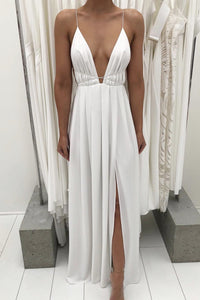 Plunging Neck Slit-Front Draped Long Prom Dress