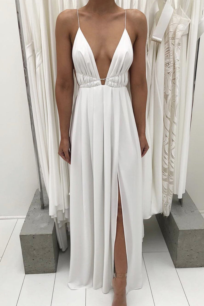 Plunging Neck Slit-Front Draped Long Prom Dress