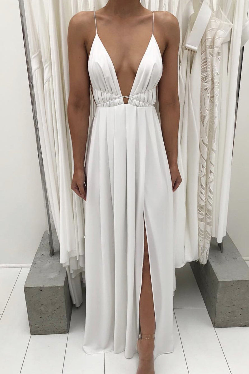 Plunging Neck Slit-Front Draped Long Prom Dress