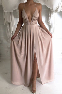 Plunging Neck Slit-Front Draped Long Prom Dress