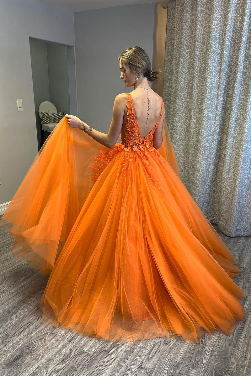 Princess Orange A-line Floral Appliues Long Formal Dress
