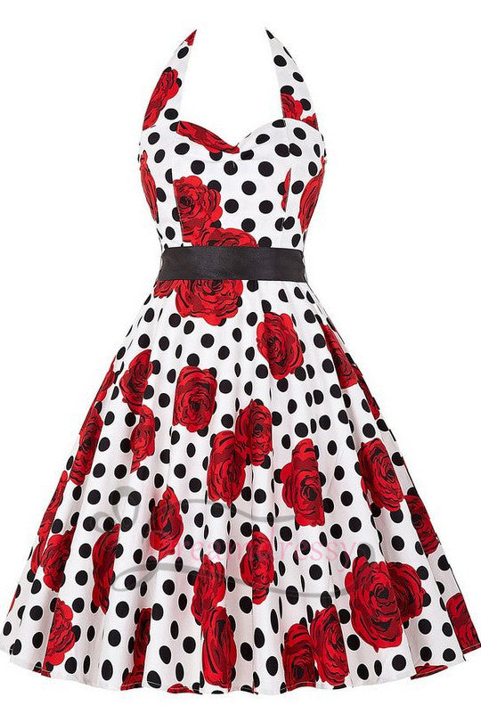 50s Vintage White Dress with Polk Dots and Floral