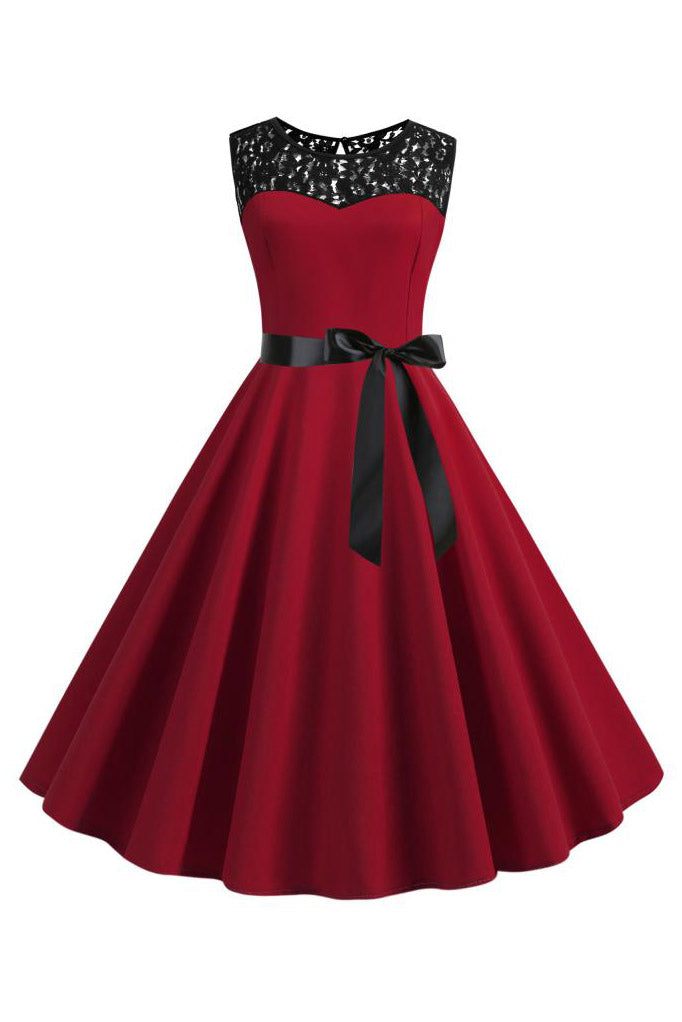 Vintage Jewel Burgundy Midi Dress with Robbon