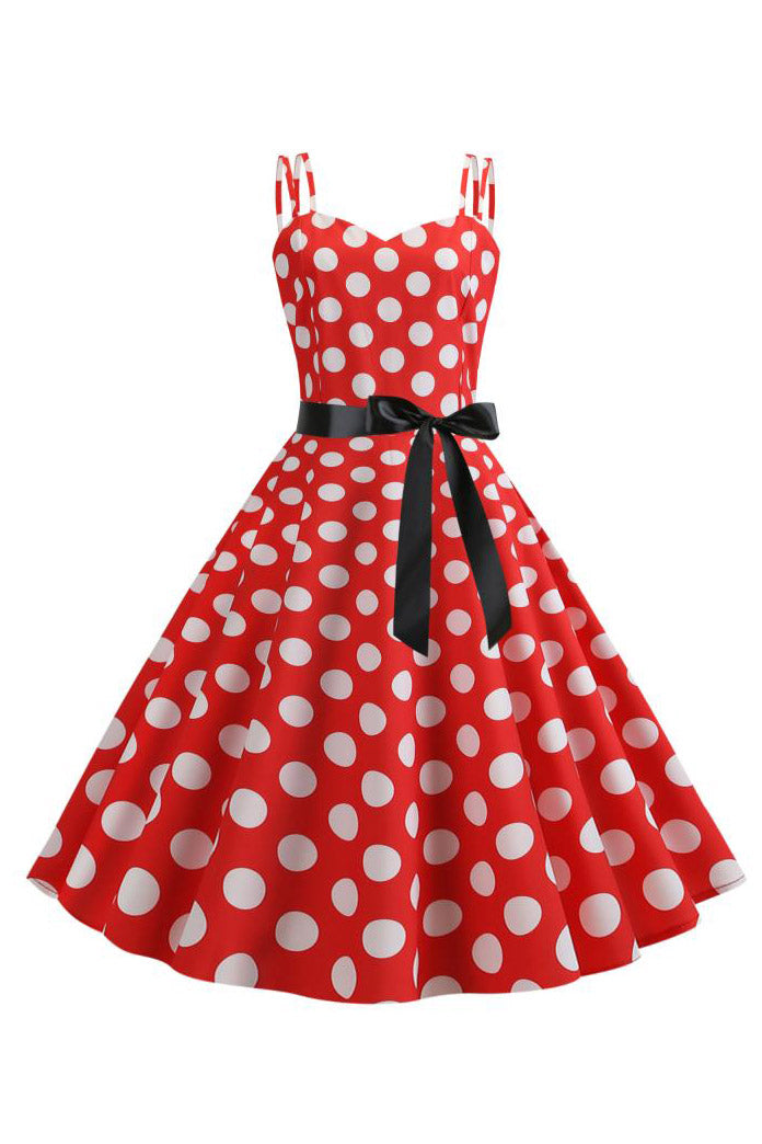 Dual Straps Polka Dots Vintage Dress with Ribbon