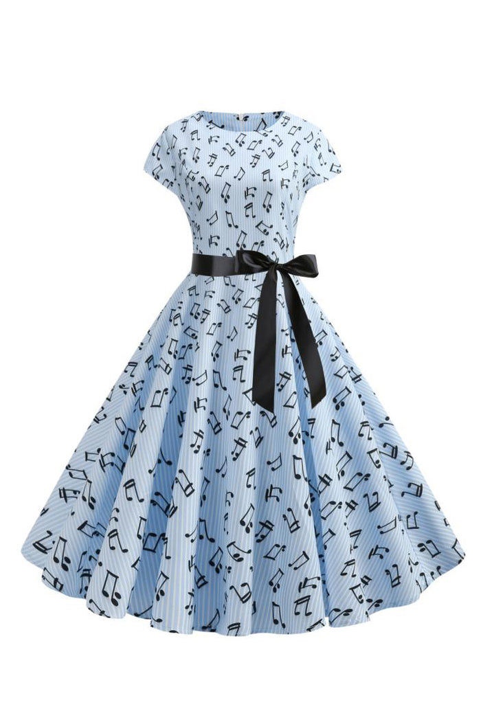 Vintage Jewel Melody Print Midi Dress with Black Ribbon