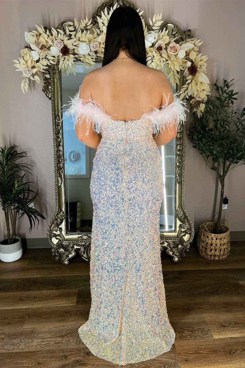 Pink Iridescent Sequin Feather Off-the-Shoulder Long Prom Dress with Slit
